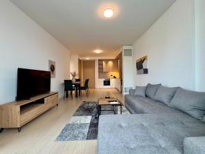 a living room with a couch and a flat screen tv at Magnolia Apartment Luxury and Relaxation on the Sava in Belgrade