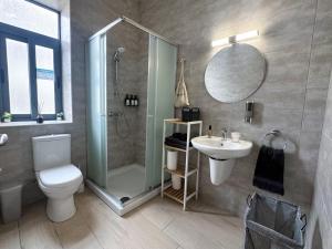 a bathroom with a shower and a toilet and a sink at Modern Msida 2 BDR Penthouse with Rooftop, AC & WIFI in Tal-Ħriereb +20 photos