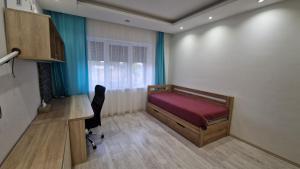 una camera da letto con un letto, una scrivania e una finestra di Family House a Mlynský Sek