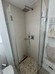 a bathroom with a shower with a glass door at Koje in Sankt Peter-Ording