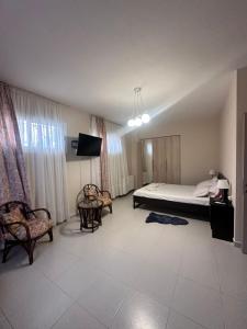 a bedroom with a bed and two chairs and a tv at Ktima Lena in Órmos