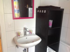 a bathroom with a sink and a mirror and a shelf at Appartement La Croix in Villarvolard