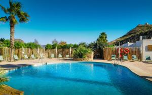 a swimming pool in a yard with a palm tree at wecamp Cabo de Gata in Las Negras