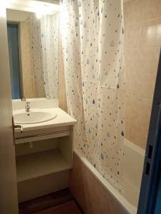 Un baño con lavabo y cortina de ducha. en appartement valmeinier 1800, en Valmeinier