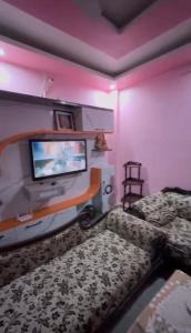 a living room with a bed and a tv at Rishi home stay in Bhauli