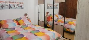 Grand studio près Lac Gaillands في شامونيه مون بلان: غرفة نوم مع سرير مع لحاف ملون