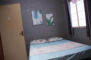马瑙斯Pousada Manua的卧室里的一张床，墙上挂着两幅画