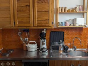a kitchen counter with a sink and a mixer at Charmant T2 5 pers, Sud, balcon, TV, lave-linge, garage optionnel, calme à Orcières - FR-1-262-187 in Orcières