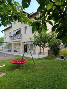 a swing in the grass in front of a house at Sobe pri Roži in Postojna