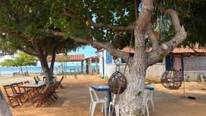 a table and chairs and a tree with swings at Pousada Quinta das Flores in Icapuí