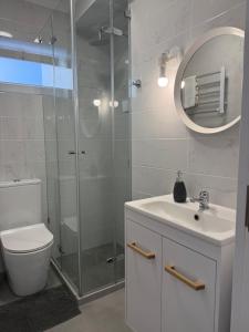 a bathroom with a shower and a toilet and a sink at Alfazema Sunset House in Vila Nova de Gaia +42 photos