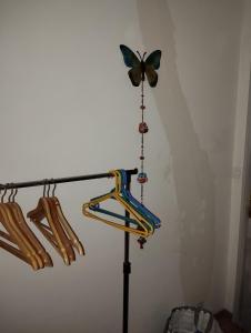 a baseball bat rack with a butterfly on the wall at Appartement d'Artiste in Cotignac