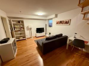 a living room with a couch and a television at Maisonette-Apartment-mit Glassfaseranschluss in Brüggen