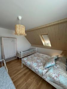 a bedroom with two beds and a chandelier at Wiatrakówka in Kosewo
