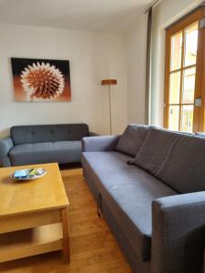 a living room with two blue couches and a table at Daniela 5 by SMR Rauris Apartments - inc Spa and near Gondola in Rauris