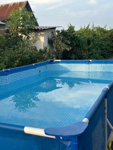 a blue swimming pool with a blue chair in it at Mama Gulya in Bishkek