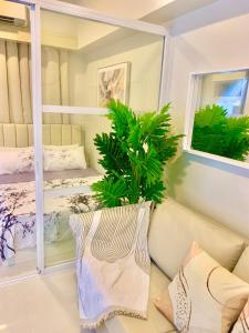 a living room with a couch and a plant at Primeworld District Condoresort 15mins2airport in Mactan Island +46 photos
