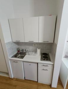モスタルにあるApartman CityMostarの白いキャビネットとシンクを備えた小さなキッチン