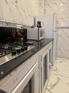une cuisine avec une cuisinière et un réfrigérateur dans l'établissement AL MIDIAF STYLISH VILLA &Garage, à Mostaganem