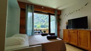 a bedroom with a large window and a bed and a television at Sullensa # Parking - Proche Centre - Vue Montagne in Thônes