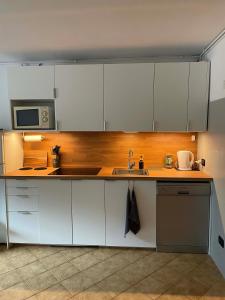 a kitchen with white cabinets and a sink and a microwave at Carola Dodici in Mezzana