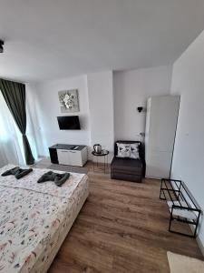 a bedroom with a bed and a chair at Manolovi Guest House in Obzor
