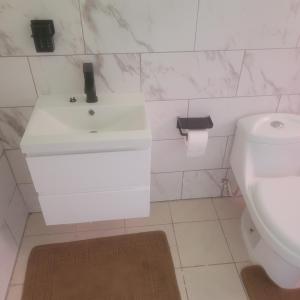 a bathroom with a white sink and a toilet at Culture Inn in Montego Bay +21 photos