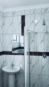 a bathroom with a sink and a glass shower at De Mose Family Lodge in KwaZibukwane