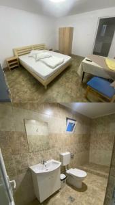 two pictures of a bathroom with a bed and a sink at Pe Colț in Vama Veche