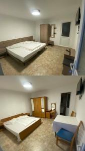 two pictures of a bedroom with two beds at Pe Colț in Vama Veche