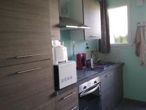 a kitchen with a counter top with a microwave at gîte La Valentina, climatisé in Cubjac-Auvézère-Val d'Ans