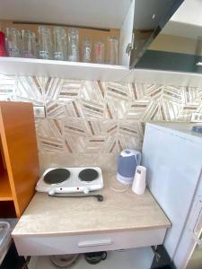a kitchen counter with a sink and a refrigerator at Pe Colț in Vama Veche