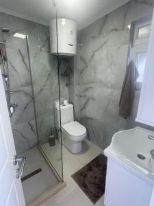 a bathroom with a toilet and a shower and a sink at Villa Mirijana in Zlatna Obala