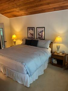 a bedroom with a large bed with two lamps at Beech Mountain Swiss-style Chalet in Beech Mountain