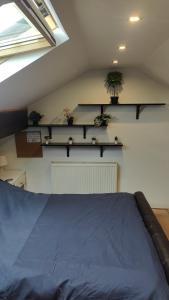 a bedroom with a bed and shelves on the wall at Edwardian House in Manchester +8 photos