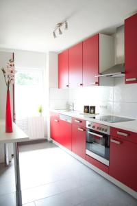 cocina con armarios rojos y fogones en Ferienhaus Marina, en Baden-Baden