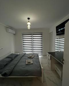 a bedroom with a bed and a desk in it at Hotel 7 Arians's in Peje