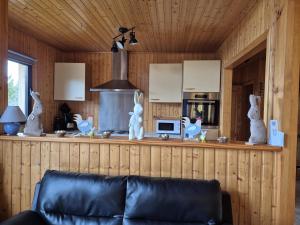 a kitchen with a counter with white statues on it at Chalet Bonne Humeur in Houffalize