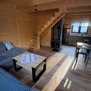 a living room with a couch and a stove at Agroturystyka Lawendowa Dolinka Domki Beskid Niski in Chyrowa +19 photos
