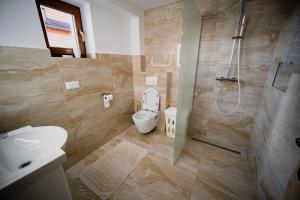 une salle de bain avec toilettes, douche et lavabo dans l'établissement Chata Bučina, à Oravská Lesná