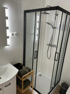 a bathroom with a shower with a glass door at Apartament Szmaragd in Gliwice