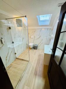 a bathroom with a glass shower and a toilet at Roua Residence in Vladimirescu +122 photos