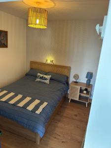 une chambre avec un lit et une table avec une lampe dans l'établissement The Cosy Cabin, à Pembrokeshire