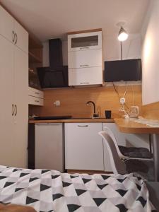 a kitchen with a table and a sink and a counter at U Beaty, niezależne mieszkania do wynajęcia in Ochotnica Górna +8 photos