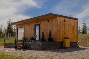 Şarul DorneiCozy Cube - tiny house的一座带大窗户的小木房子