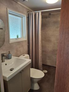 a bathroom with a sink and a toilet and a window at Kattugglans Guestroom 2 in Ljungby +12 photos