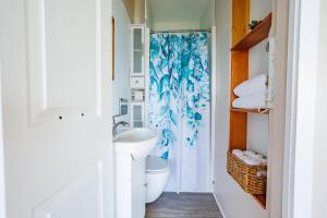 a bathroom with a toilet and a shower curtain at Panoramic Acres B & B - Lake & Mountain Views in Vernon