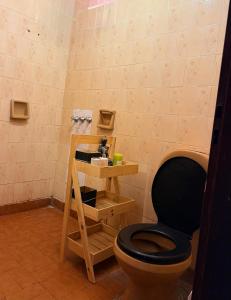 La salle de bains est pourvue de toilettes et d'un siège noir. dans l'établissement Elenas, à La Chacarita