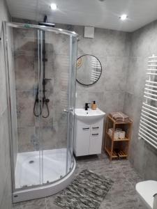 a bathroom with a shower and a sink at Lawendowy dworek in Paszowa