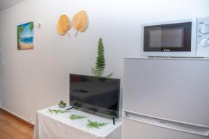 a flat screen tv sitting on top of a table at Studio privé climatisé en bas de villa in Fort-de-France +2 photos
